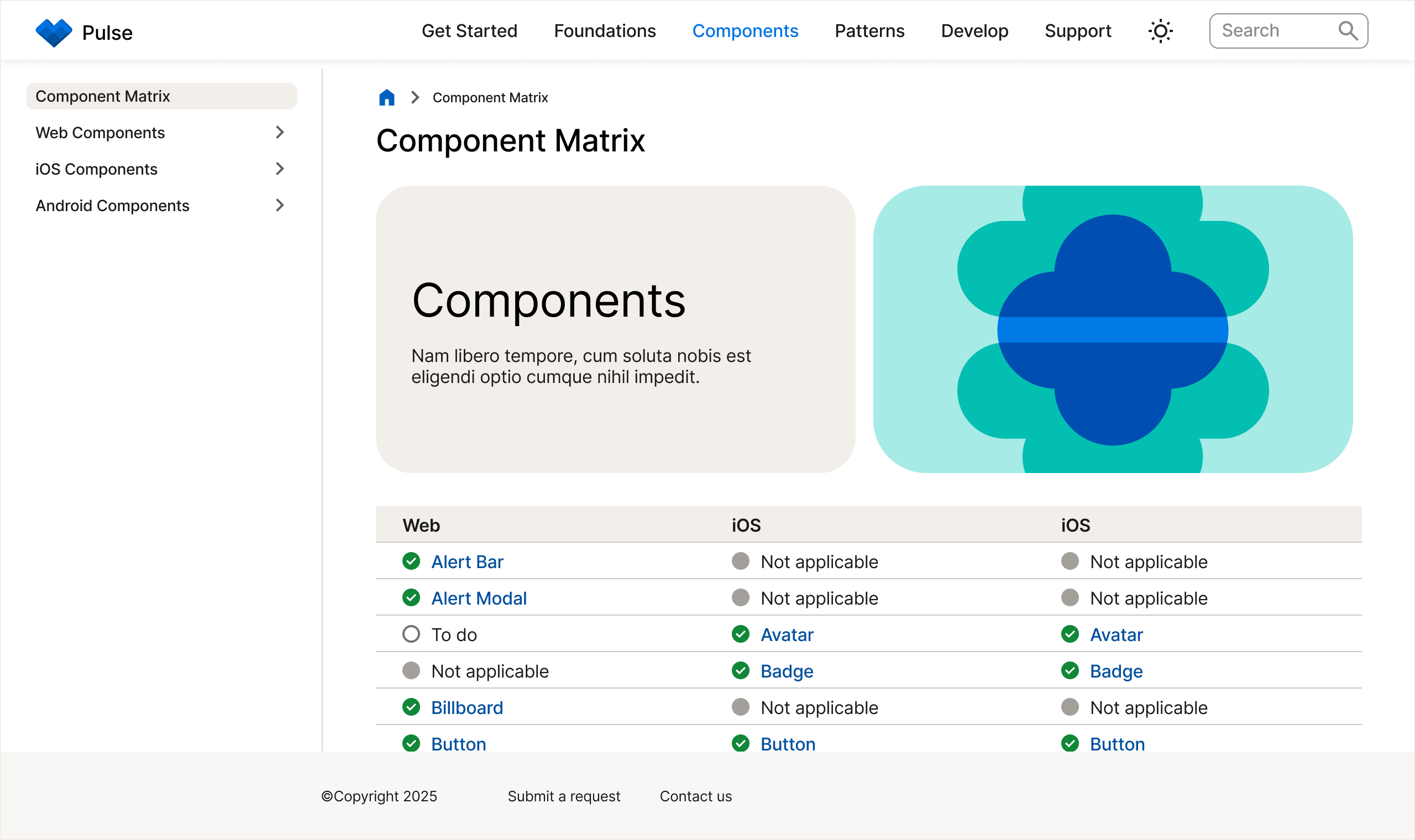 Components matrix page design
